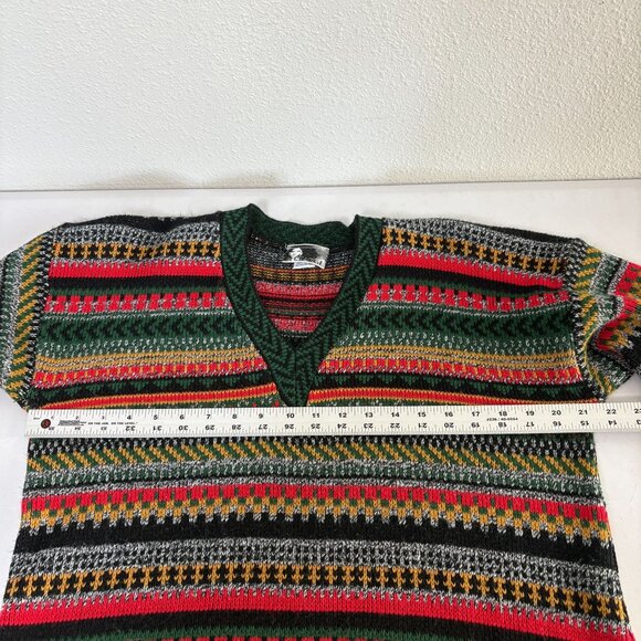 In Charge Vintage Sweater Womens L Red Green Gold Striped V Neck Holiday USA - Picture 10 of 11